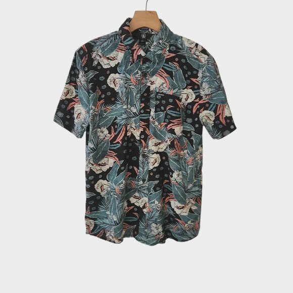 Volcom Hawaiian Shirt Teal Black Tropical Floral Short Sleeve Mens Small NEW - Picture 1 of 14